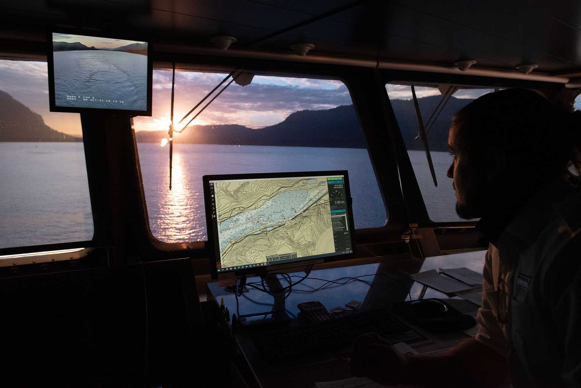 view of sunset from bridge of ship